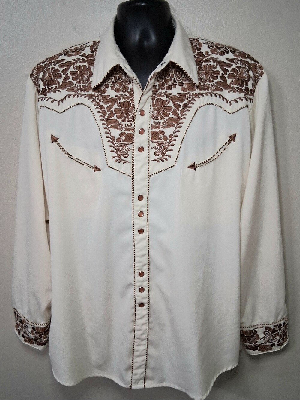 Vintage Scully Mens XL Pearl Snap Shirt Ivory Western Embroidered Brown Floral